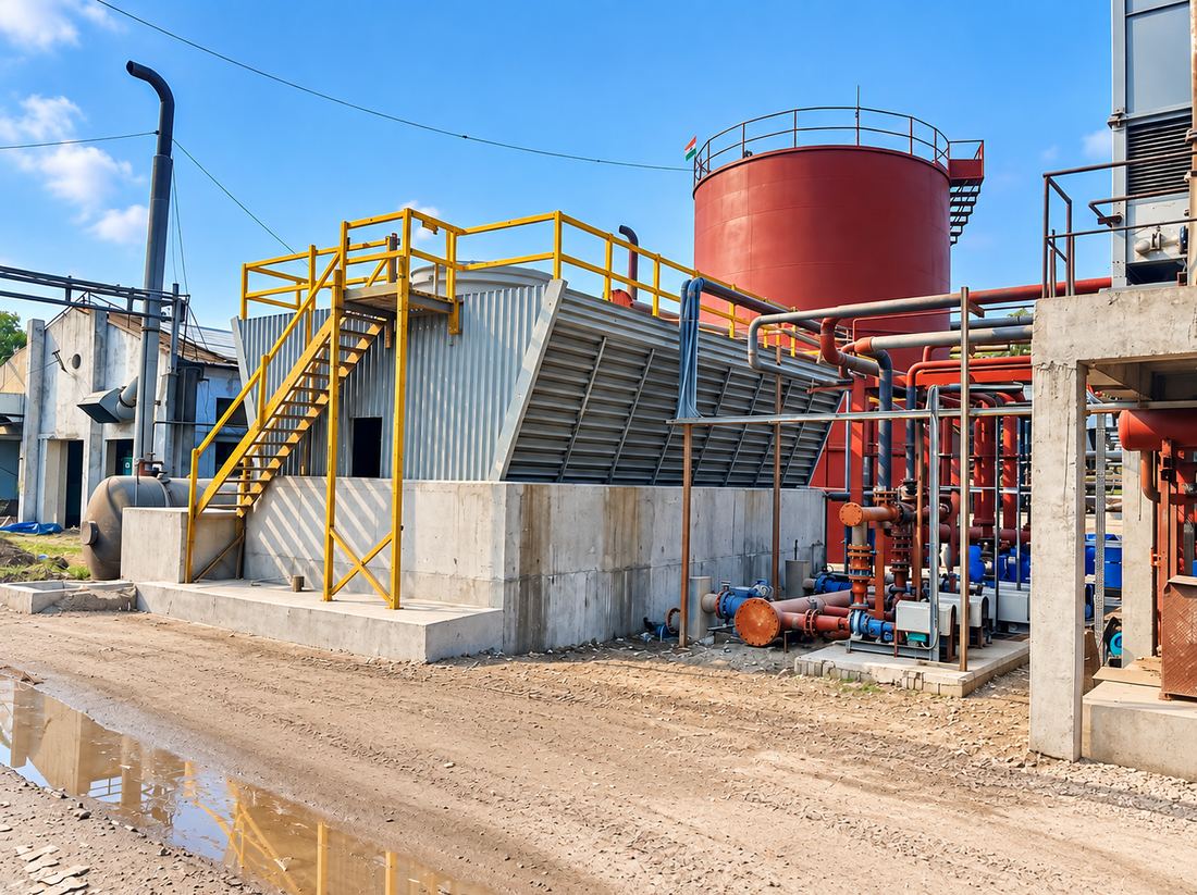 Cooling tower and piping at Ajanta Soya vacuum plant