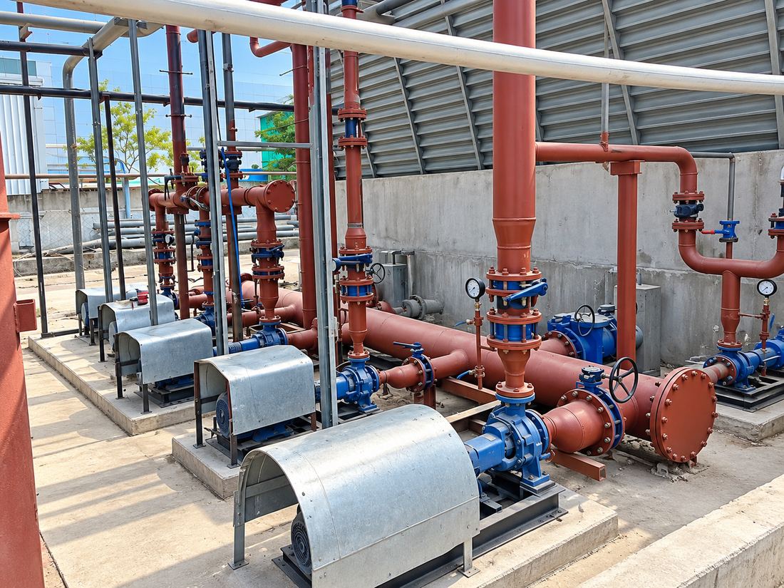 Pump station with red piping