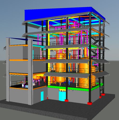 3D plant model, multi-floor refinery building