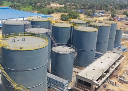 Aerial view of storage tanks under construction